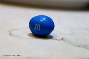 Macro shot of a blue M and M
