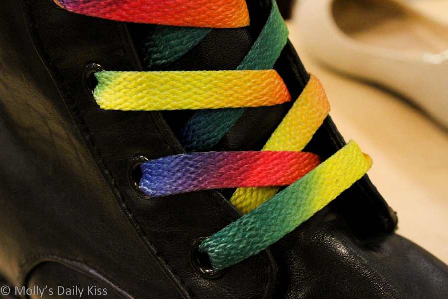 Close up of rainbow boot laces