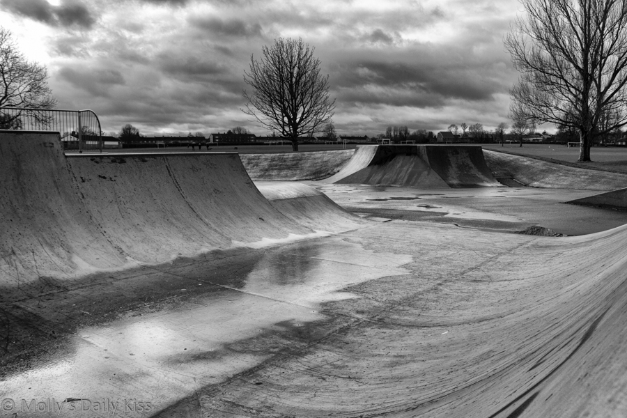 Empty skatepark in the winter black and white