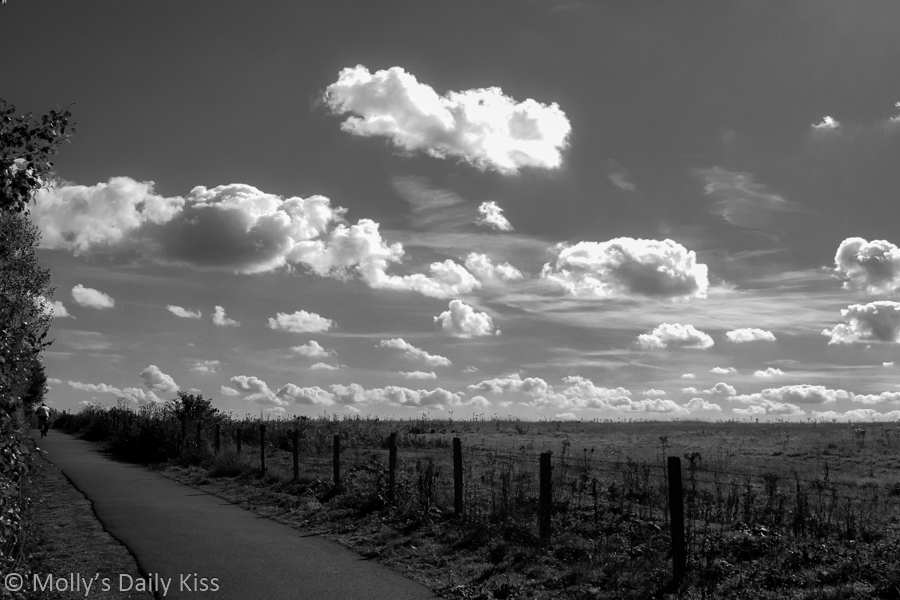 Fluffly clouds along footpath black and white