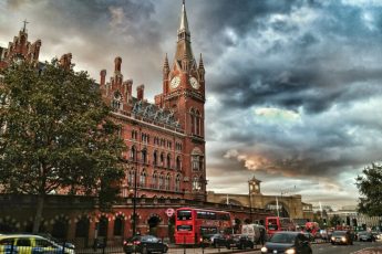 St Pancras Station London with moody sky