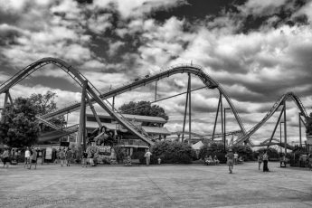 black and white of rollar coaster at Dorney Park, all hills and valleys