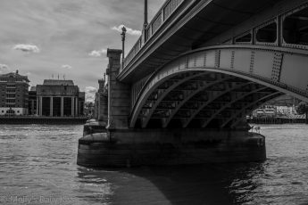 black and white picture of London Bridge from Embankment