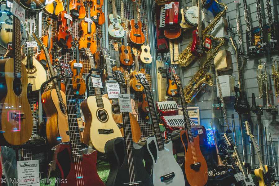 Music instrument shop window in london