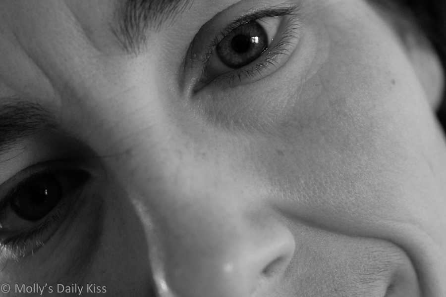 black and white close up of mollys face. A self portrait