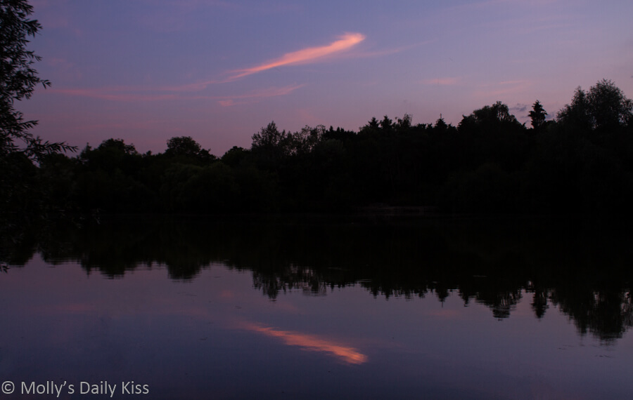 pink cloud reflected in pond at sunset