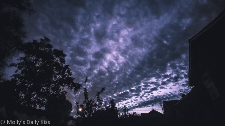 Spooky dusk sky with shades of purple over houses and trees