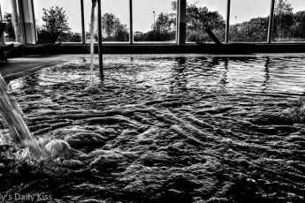 Black and white of indoor swimming pool at the gym