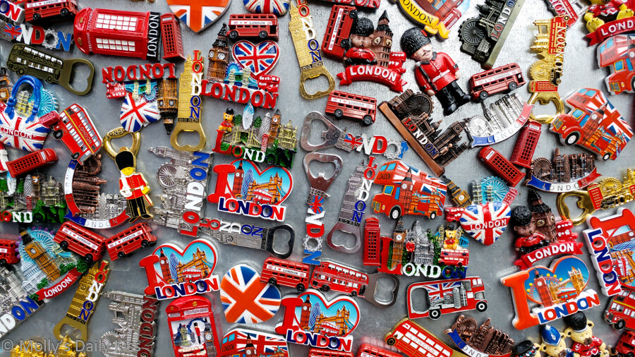 London fridge magnets displayed on a market stall