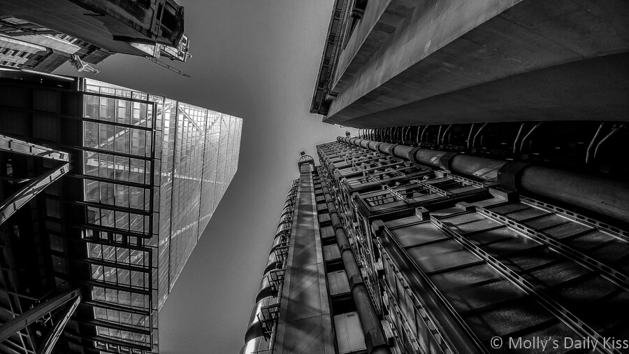 Looking up Lloyds of London building edited in black and white