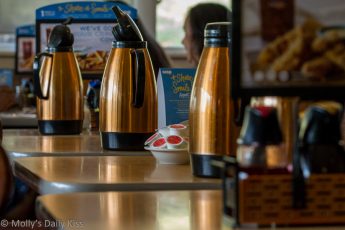 Coffee kettles lined up at the iHop