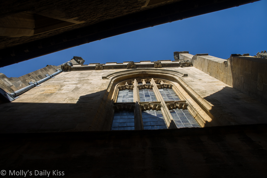 Looking up between buildings at Magdalen College, Oxford