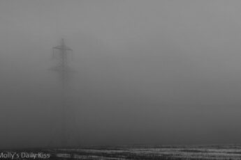 eerie electricity pylon showing through winter mist